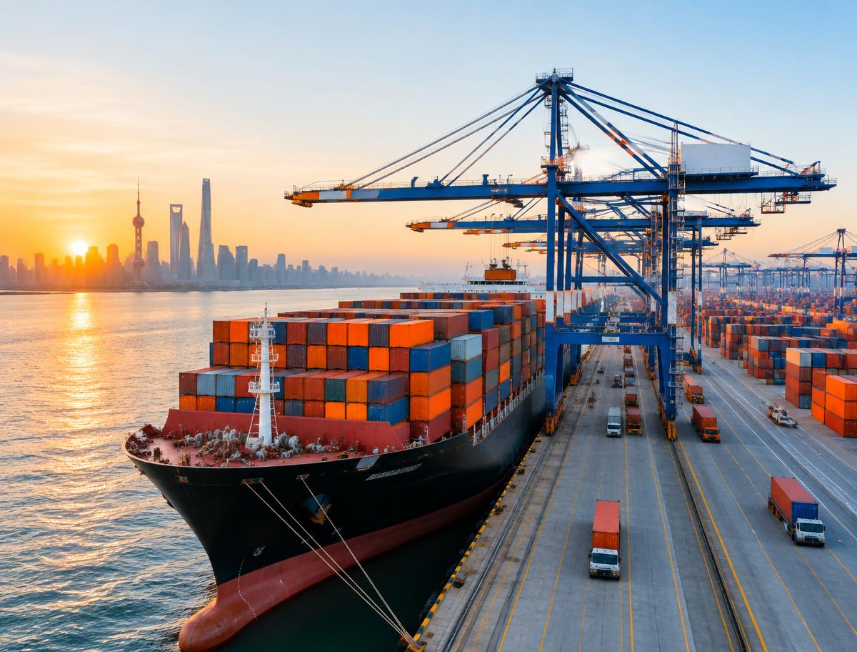 Container vessel at Shanghai port representing HG Trading Global logistics